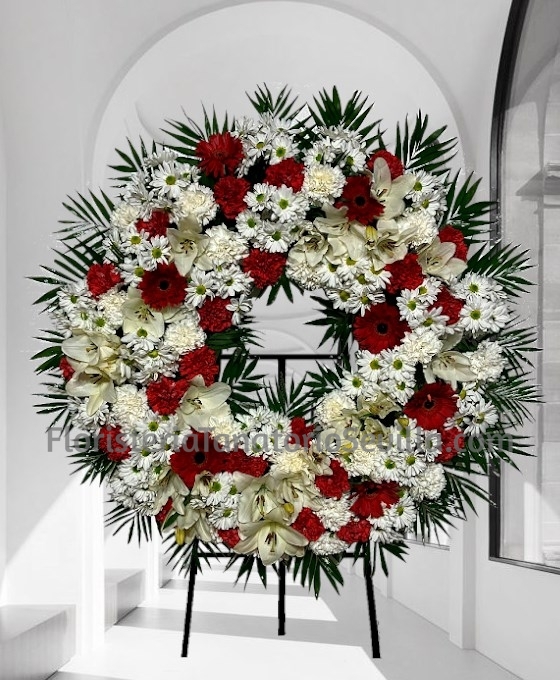 Corona Funeraria Flor Variada blanca y roja para tanatorio en Sevilla